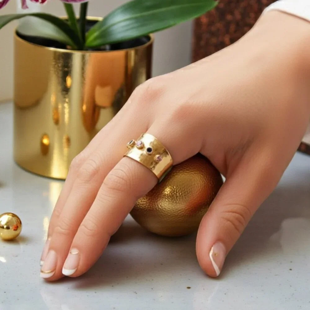18K Gold Plated Hammered Ring Adjustable Colorful CZ Gemstones Bold Look